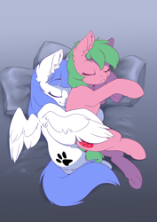 Size: 2480x3508 | Tagged: safe, artist:arctic-fox, oc, oc:pine berry, oc:snow pup, species:earth pony, species:pegasus, species:pony, bed, cuddling, cute, female, mare, pillow, sleeping, spooning, spread wings, wing blanket, wings