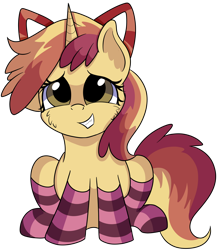 Size: 1280x1445 | Tagged: safe, artist:rainbowtashie, commissioner:bigonionbean, character:apple bloom, character:dinky hooves, oc, oc:sparkling apples, species:earth pony, species:pony, species:unicorn, adorable face, bow, clothing, cute, female, fusion, fusion:sparkling apples, mare, socks, striped socks