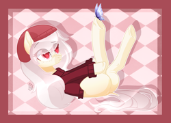 Size: 2364x1700 | Tagged: safe, artist:sparkling_light, artist:sugaryicecreammlp, oc, oc only, oc:lizzy, species:earth pony, species:pony, butterfly, clothing, female, mare, on back, solo, sweater