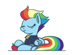 Size: 1280x960 | Tagged: safe, artist:flutterluv, character:rainbow dash, species:pegasus, species:pony, episode:the last problem, g4, my little pony: friendship is magic, apple, clothing, eyes closed, female, food, older, older rainbow dash, prone, simple background, solo, transparent background
