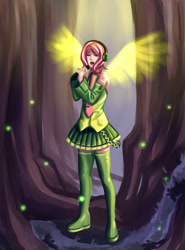 Size: 1275x1725 | Tagged: dead source, safe, artist:ninjaham, character:fluttershy, species:human, g4, acdsee, clothing, crossover, female, humanized, singing, skinny, skirt, solo, vocaloid, winged humanization, wings