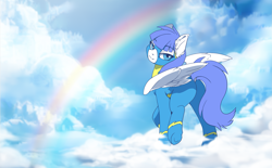 Size: 3439x2134 | Tagged: safe, artist:arctic-fox, oc, oc only, oc:snow pup, species:pegasus, species:pony, butt, clothing, cloud, dock, female, looking at you, looking back, mare, on a cloud, plot, rainbow, raised hoof, smiling, smirk, spread wings, standing on a cloud, uniform, wings, wonderbolts uniform