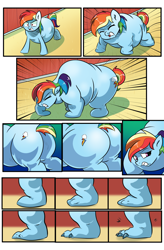 Size: 1800x2740 | Tagged: safe, artist:candyclumsy, commissioner:bigonionbean, writer:bigonionbean, character:rainbow dash, species:pegasus, species:pony, comic:don't play with potions, accident, barn, belly, body horror, butt, claws, comic, cutie mark, dat butt, dialogue, grimdark series, grotesque series, growth, plot, shocked, shocked expression, sweet apple acres, swelling, swollen, thicc ass, transformation