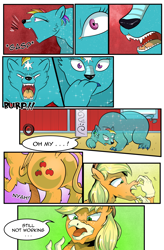 Size: 1800x2740 | Tagged: safe, artist:candyclumsy, commissioner:bigonionbean, writer:bigonionbean, character:applejack, character:rainbow dash, species:griffon, comic:don't play with potions, accident, barn, beak, bear, belly, bulging, butt, claws, comic, constellation, constellation freckles, cutie mark, fat, griffonized, grimdark series, grotesque series, large butt, pain, plot, rainbear dash, shocked, shocked expression, species swap, stars, sweet apple acres, swelling, thicc ass, transformation, transparent, ursa, ursa minor