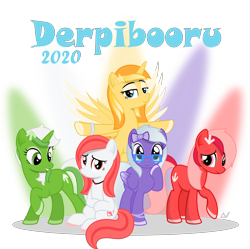 Size: 3000x2985 | Tagged: safe, artist:arifproject, oc, oc only, oc:comment, oc:downvote, oc:favourite, oc:hide image, oc:upvote, species:alicorn, species:earth pony, species:pegasus, species:pony, species:unicorn, derpibooru, derpibooru ponified, 2020, cute, grin, group photo, meta, ponified, raised hoof, simple background, sitting, smiling, spread wings, vector, wings