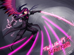 Size: 1725x1275 | Tagged: dead source, safe, artist:ninjaham, character:twilight sparkle, species:human, g4, abstract background, acdsee, crossover, female, final fantasy, humanized, sephiroth, solo, sword, winged humanization, wings