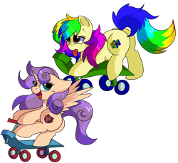 Size: 1280x1172 | Tagged: safe, artist:rainbowtashie, commissioner:bigonionbean, writer:bigonionbean, character:scootaloo, character:sweetie belle, oc, oc only, oc:rainbow tashie, oc:sweet scooter, species:earth pony, species:pegasus, species:pony, species:unicorn, butt, cutie mark, extra thicc, flank, fusion, fusion:sweet scooter, nintendo 64, not an alicorn, plot, scooter, simple background, skateboard, sweating bullets, thicc ass, tired, tongue out, transparent background