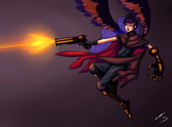Size: 1725x1275 | Tagged: dead source, safe, artist:ninjaham, character:princess luna, species:human, acdsee, crossover, female, final fantasy, final fantasy vii, gradient background, gun, humanized, skinny, solo, vincent valentine, winged humanization, wings