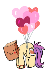 Size: 642x900 | Tagged: safe, artist:paperbagpony, oc, oc:paper bag, balloon, fake cutie mark, holiday, hoofsies, paper bag, simple background, valentine's day, white background