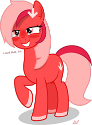 Size: 2500x3379 | Tagged: safe, artist:arifproject, oc, oc:downvote, species:earth pony, species:pony, derpibooru, derpibooru ponified, blushing, grin, hairclip, meta, ponified, raised hoof, simple background, smiling, solo, text, transparent background, vector