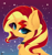 Size: 4704x5000 | Tagged: safe, artist:xsatanielx, rcf community, character:sunset shimmer, species:pony, species:unicorn, g4, abstract background, bust, colored pupils, cutie mark necklace, ear fluff, female, looking at you, mare, shiny, signature, smiling, three quarter view