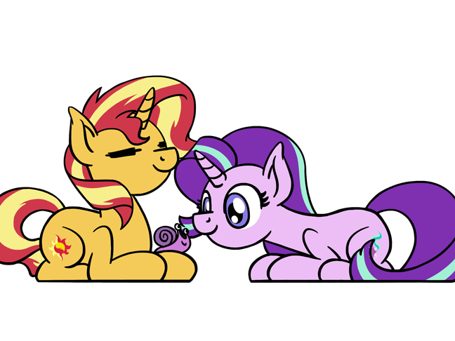 Size: 648x486 | Tagged: safe, artist:flutterluv, character:starlight glimmer, character:sunset shimmer, species:pony, species:unicorn, animated, duo, eyes closed, female, ponified animal photo, ponified animal video, prone, simple background, snail, sniffing, white background