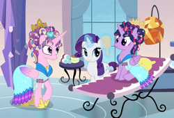 Size: 1107x754 | Tagged: safe, artist:queencold, character:princess cadance, character:rarity, character:twilight sparkle, character:twilight sparkle (alicorn), species:alicorn, species:pony, alternate hairstyle, ceremonial headdress, clothing, commission, crystal empire, crystal spa, dress, mirror