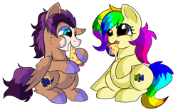Size: 1280x788 | Tagged: safe, artist:rainbowtashie, commissioner:bigonionbean, writer:bigonionbean, character:flash sentry, character:trouble shoes, oc, oc:fast hooves, oc:rainbow tashie, species:earth pony, species:pegasus, species:pony, belly, belly button, chubby, clydesdale, cute, food, fusion, fusion:fast hooves, meat, multicolored hair, pepperoni, pepperoni pizza, pizza, rainbow hair, simple background, transparent background, unshorn fetlocks, weight gain