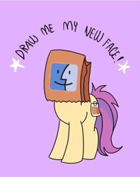 Size: 795x1005 | Tagged: safe, artist:paperbagpony, edit, oc, oc:paper bag, species:earth pony, species:pony, draw me my new face, exploitable meme, female, macintosh, meme, paper bag