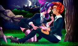 Size: 3460x2050 | Tagged: safe, artist:mauroz, character:starlight glimmer, character:sunburst, species:human, ship:starburst, anime, anime style, blushing, book, castle, clothing, digital art, female, glasses, humanized, looking at each other, male, shipping, straight, tree