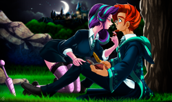 Size: 3460x2050 | Tagged: safe, alternate version, artist:mauroz, character:starlight glimmer, character:sunburst, species:human, ship:starburst, anime, anime style, blushing, book, castle, clothing, digital art, female, glasses, humanized, looking at each other, male, shipping, straight, tree