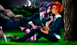 Size: 3460x2050 | Tagged: safe, alternate version, artist:mauroz, character:starlight glimmer, character:sunburst, species:human, ship:starburst, anime, anime style, blushing, book, castle, clothing, digital art, female, glasses, humanized, looking at each other, male, shipping, straight, tree