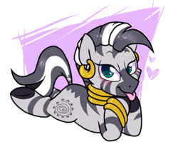 Size: 1094x900 | Tagged: safe, artist:paperbagpony, character:zecora, species:zebra, art pack:zecora appreciation project, bedroom eyes, blep, blushing, bracelet, catchlights, ear piercing, earring, female, heart, highlights, jewelry, looking at you, neck rings, piercing, prone, quadrupedal, simple background, smiling, solo, tongue out, underhoof