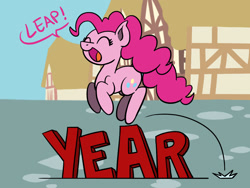 Size: 1800x1350 | Tagged: safe, artist:flutterluv, character:pinkie pie, species:earth pony, species:pony, female, jumping, leap year, leaping, pun, solo, visual gag