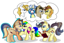 Size: 1280x871 | Tagged: safe, artist:rainbowtashie, commissioner:bigonionbean, writer:bigonionbean, character:braeburn, character:doctor whooves, character:prince blueblood, character:time turner, oc, oc:king righteous authority, oc:rainbow tashie, oc:spicy cider, species:alicorn, species:earth pony, species:pegasus, species:pony, species:unicorn, alicorn oc, book, bow tie, butt, clothing, collar, cowboy hat, crying, cutie mark, dawwww, female, fusion, fusion:king righteous authority, fusion:spicy cider, hat, jumpsuit, kissing, love, loving embrace, magic, male, nintendo 64, oc x oc, shipping, simple background, stallion, stetson, straight, tears of joy, teary eyes, thought bubble, tongue out, transparent background, uniform, wind waker (character), wonderbolts, wonderbolts uniform