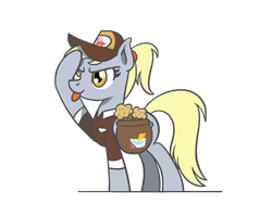 Size: 1800x1350 | Tagged: safe, artist:flutterluv, character:derpy hooves, species:pegasus, species:pony, bag, female, food, mailbag, mailmare, muffin, saddle bag, salute, simple background, solo, tongue out, transparent background