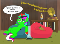 Size: 820x600 | Tagged: safe, artist:queencold, oc, oc only, oc:zorse, species:alicorn, species:pony, alicorn oc, beanbag chair, bong, bow, commission, conspiracy theory, dialogue, drug use, drugs, ear piercing, earring, freckles, furniture, gramophone, hair bow, heterochromia, high, jewelry, lava lamp, male, marijuana, multicolored hair, piercing, pineapple, smoke, song reference, stallion, stoned