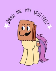 Size: 720x910 | Tagged: safe, artist:paperbagpony, oc, oc:paper bag, species:earth pony, species:pony, draw me my new face, exploitable meme, female, luigi, meme, paper bag, weegee