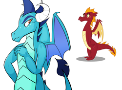 Size: 1531x1125 | Tagged: safe, artist:klondike, artist:queencold, edit, character:garble, character:princess ember, species:dragon, ship:emble, dragoness, female, frown, garbledina, male, prince ash, rule 63, shipping, simple background, spread wings, straight, surprised, teenaged dragon, white background, wide eyes, wings