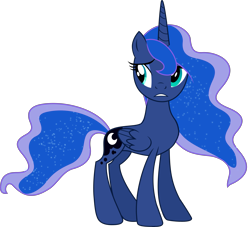 Size: 5981x5420 | Tagged: safe, artist:illumnious, edit, editor:slayerbvc, character:princess luna, species:alicorn, species:pony, accessory-less edit, barehoof, female, looking back, mare, missing accessory, simple background, solo, transparent background, vector, vector edit, worried