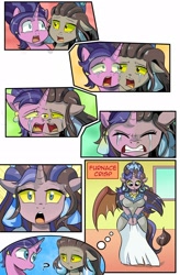 Size: 1280x1949 | Tagged: safe, artist:candyclumsy, artist:multi-commer, character:cookie crumbles, character:queen haydon, oc, oc:furnace crisp, species:anthro, species:gargoyle, species:pony, species:unicorn, g4, spoiler:comic, anthro oc, clothing, comic, confused, crying, dress, embarrassed, female, forced, fusion, fusion:furnace crisp, jewelry, magic, merging, regalia, shocked, thought bubble