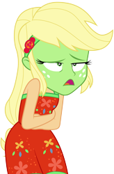 Size: 4744x7214 | Tagged: safe, artist:illumnious, character:applejack, equestria girls:spring breakdown, g4, my little pony: equestria girls, my little pony:equestria girls, spoiler:eqg series (season 2), absurd resolution, clothing, crossed arms, dress, female, flower, flower in hair, freckles, green face, sick, simple background, transparent background, vector