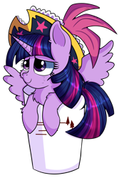 Size: 4000x6000 | Tagged: safe, artist:rainbowtashie, character:twilight sparkle, character:twilight sparkle (alicorn), species:alicorn, species:pony, bucket, captain twilight, cheek fluff, chest fluff, clothing, commission, cup, cup of pony, cute, female, fluffy, hat, hay, hoof fluff, looking at someone, looking at something, micro, pirate hat, pirate twilight, simple background, solo, spread wings, tiny, tiny ponies, transparent background, twiabetes, wings