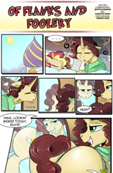 Size: 1800x2740 | Tagged: safe, artist:candyclumsy, commissioner:bigonionbean, writer:bigonionbean, oc, oc:king calm merriment, oc:queen motherly morning, species:alicorn, species:pony, comic:of flanks and foolery, alicorn oc, alicorn princess, bed, bedroom, booty had me like, butt, castle, clothing, comic, crystal empire, cutie mark, dialogue, drowsy, extra thicc, female, flank, fusion, fusion:king calm merriment, fusion:queen motherly morning, husband and wife, male, mare, mirror, morning, pajamas, palace, plot, reflection, sleeping, stallion, sun, talking to himself, thicc ass, tired, unkempt mane, waking up