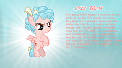 Size: 1280x719 | Tagged: safe, artist:andoanimalia, character:cozy glow, species:pegasus, species:pony, bio, female, filly, simple background, text