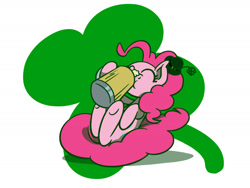 Size: 1800x1350 | Tagged: safe, artist:flutterluv, character:pinkie pie, species:earth pony, species:pony, beverage, cider, clothing, cup, cute, drink, drinking, eyes closed, female, hat, holiday, hoof hold, saint patrick's day, shamrock, solo, underhoof