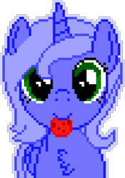 Size: 1040x1480 | Tagged: safe, artist:arifproject, editor:cocoa bittersweet, character:princess luna, species:alicorn, species:pony, chest fluff, cookie, cute, female, filly, food, horn, looking at you, manepxls, mare, mouth hold, pixel art, pxls.space, s1 luna, simple background, smiling, solo, transparent background, woona, younger