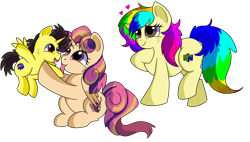 Size: 1280x728 | Tagged: safe, artist:rainbowtashie, commissioner:bigonionbean, writer:bigonionbean, character:apple bloom, character:dinky hooves, character:scootaloo, character:sweetie belle, oc, oc:princess young heart, oc:rainbow tashie, oc:tommy the human, species:alicorn, species:earth pony, species:pegasus, species:pony, alicorn oc, alicorn princess, australia, australian, colt, cousins, cute, cutie mark, dawwww, female, fusion, fusion:princess young heart, hug, male, mare, nintendo 64, simple background, transparent background