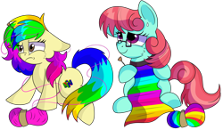 Size: 1280x750 | Tagged: safe, artist:rainbowtashie, commissioner:bigonionbean, writer:bigonionbean, character:posey shy, character:windy whistles, oc, oc:gentle breeze, oc:rainbow tashie, species:earth pony, species:pegasus, species:pony, clothing, collar, cute, female, frustrated, funny, fusion, fusion:gentle breeze, glasses, knitting, knitting needles, mare, nintendo 64, scarf, simple background, tangled up, transparent background, yarn