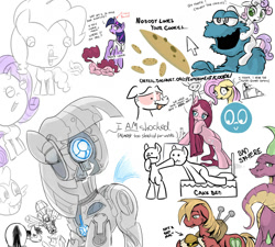 Size: 2000x1800 | Tagged: safe, artist:gsphere, artist:kingcobra50, artist:lightbulb, character:angel bunny, character:applejack, character:big mcintosh, character:fluttershy, character:pinkamena diane pie, character:pinkie pie, character:rarity, character:spike, character:sweetie belle, character:twilight sparkle, character:twilight sparkle (unicorn), species:earth pony, species:pegasus, species:pony, species:rabbit, species:unicorn, 343 guilty spark, animal, bipedal, bipedal leaning, bloodshot eyes, bong, boop, burger, cookie clicker, cookie monster, cursor, eating, faec, food, guilty sparkle, halo (series), implied drug use, implied marijuana, leaning, name pun, older, older spike, open canvas, red eyes, robot, robot pony, sentinel (halo), sesame street, shoulder ride, sketch, tongue out, url, wavy mouth