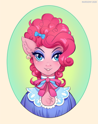 Size: 800x1008 | Tagged: safe, artist:margony, character:pinkie pie, species:anthro, species:earth pony, species:pony, bow, bust, chest fluff, ear fluff, ear piercing, earring, female, hair bow, jewelry, makeup, mare, piercing, portrait, simple background