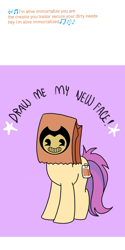 Size: 1080x2160 | Tagged: safe, artist:calebtyink, artist:paperbagpony, oc, oc:paper bag, species:earth pony, species:pony, bendy and the ink machine, bendy's face, draw me my new face, exploitable meme, meme, paper bag