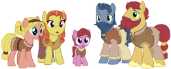 Size: 10350x4190 | Tagged: safe, artist:andoanimalia, species:earth pony, species:pony, episode:campfire tales, g4, my little pony: friendship is magic, absurd resolution, background pony, beard, braid, braided beard, clothing, colt, facial hair, female, foal, jorunn, male, mare, moustache, sigrid, simple background, stallion, transparent background, unnamed pony, vector