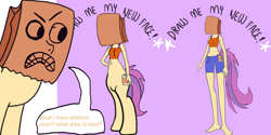 Size: 2160x1080 | Tagged: safe, artist:calebtyink, artist:paperbagpony, oc, oc:paper bag, species:anthro, species:earth pony, species:pony, species:unguligrade anthro, belly button, breasts, clothing, exploitable meme, meme, midriff, shorts, tank top