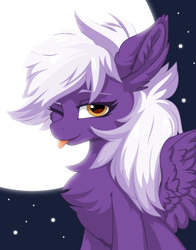 Size: 4000x5092 | Tagged: safe, artist:up1ter, derpibooru original, oc, oc only, oc:nighty cloud, species:pegasus, species:pony, blep, cheek fluff, chest fluff, cute, ear fluff, female, fluffy, looking at you, moon, night, one eye closed, solo, spread wings, stars, style emulation, tongue out, wings, wink