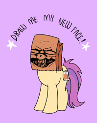 Size: 795x1005 | Tagged: safe, artist:paperbagpony, edit, oc, oc:paper bag, species:earth pony, species:pony, blindfold, draw me my new face, exploitable meme, female, meme, nightmare fuel, paper bag, teeth