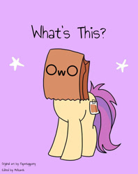 Size: 795x1005 | Tagged: safe, artist:paperbagpony, edit, editor:melisareb, oc, oc only, oc:paper bag, species:earth pony, species:pony, draw me my new face, exploitable meme, female, mare, meme, owo, owo what's this?, paper bag, purple background, simple background, solo, stars