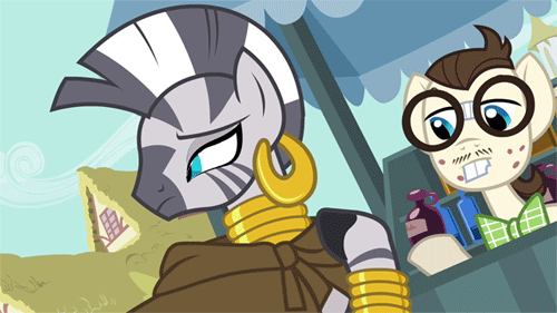 Size: 500x281 | Tagged: safe, artist:capnpea, edit, edited screencap, screencap, character:gizmo, character:zecora, species:zebra, episode:just for sidekicks, g4, my little pony: friendship is magic, animated, fimbriae, glasses, wat