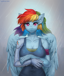 Size: 1095x1300 | Tagged: safe, artist:margony, character:rainbow dash, species:anthro, species:pegasus, species:pony, episode:the cutie re-mark, alternate timeline, amputee, apocalypse dash, breasts, busty rainbow dash, crystal war timeline, cutie mark, female, looking at you, prosthetic arm, prosthetic limb, prosthetics, rain, sad, speedpaint available