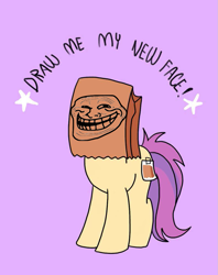 Size: 795x1005 | Tagged: safe, artist:paperbagpony, edit, oc, oc only, oc:paper bag, species:earth pony, species:pony, anonymous editor, draw me my new face, exploitable meme, female, mare, meme, paper bag, purple background, simple background, solo, stars, trollface